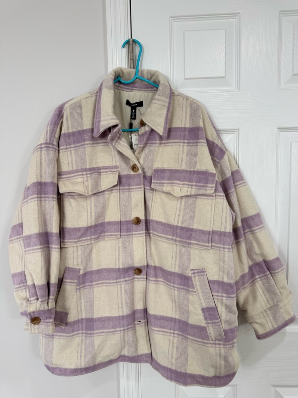Aqua Lavender and Cream Plaid Utility Shacket - Picture 3 of 7